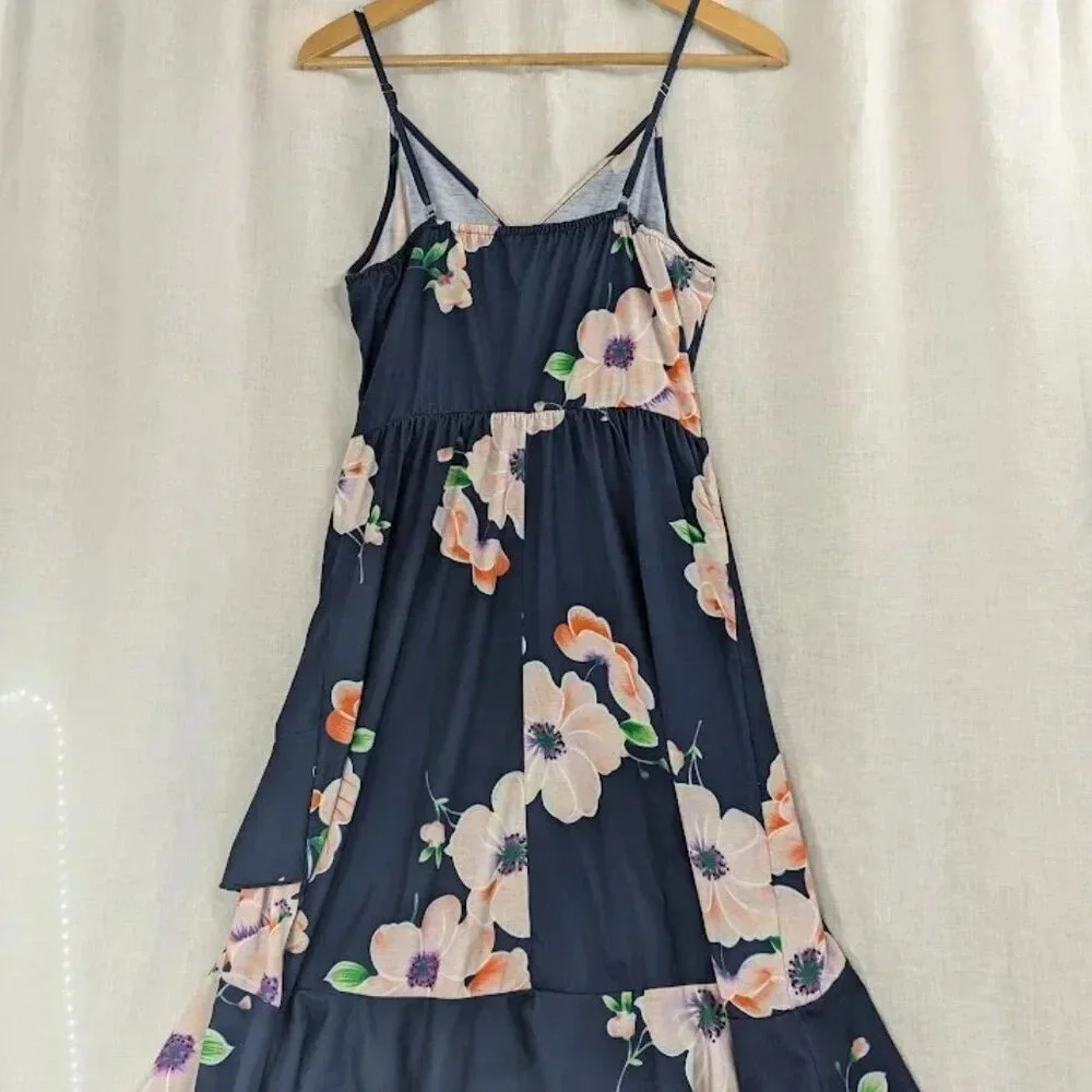 Navy floral, ruffle tank midi summer dress womens size large   D10 - Picture 5 of 10